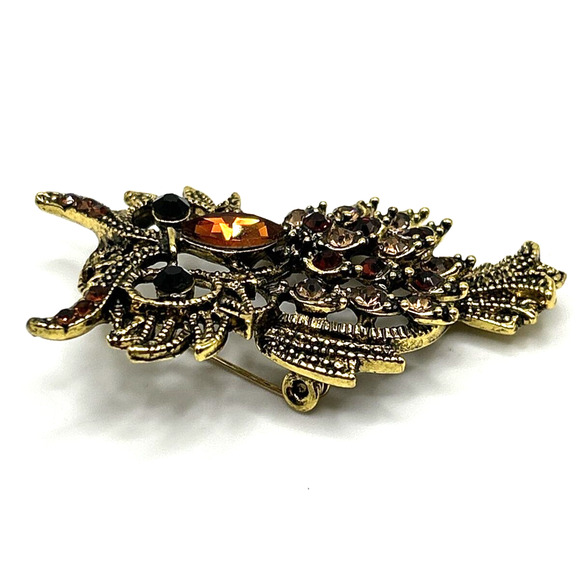 Owl Gold Tone Bronze Enamel And Rhinestone Accents Brooch Pin Unsigned NWOT - Picture 4 of 6
